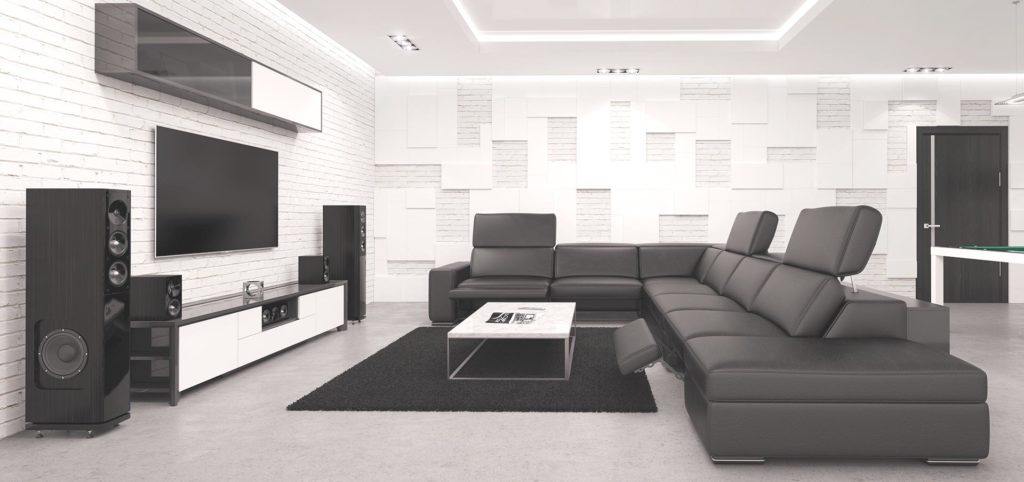 Modern Fort Collins media room with large screen and surround sound seating