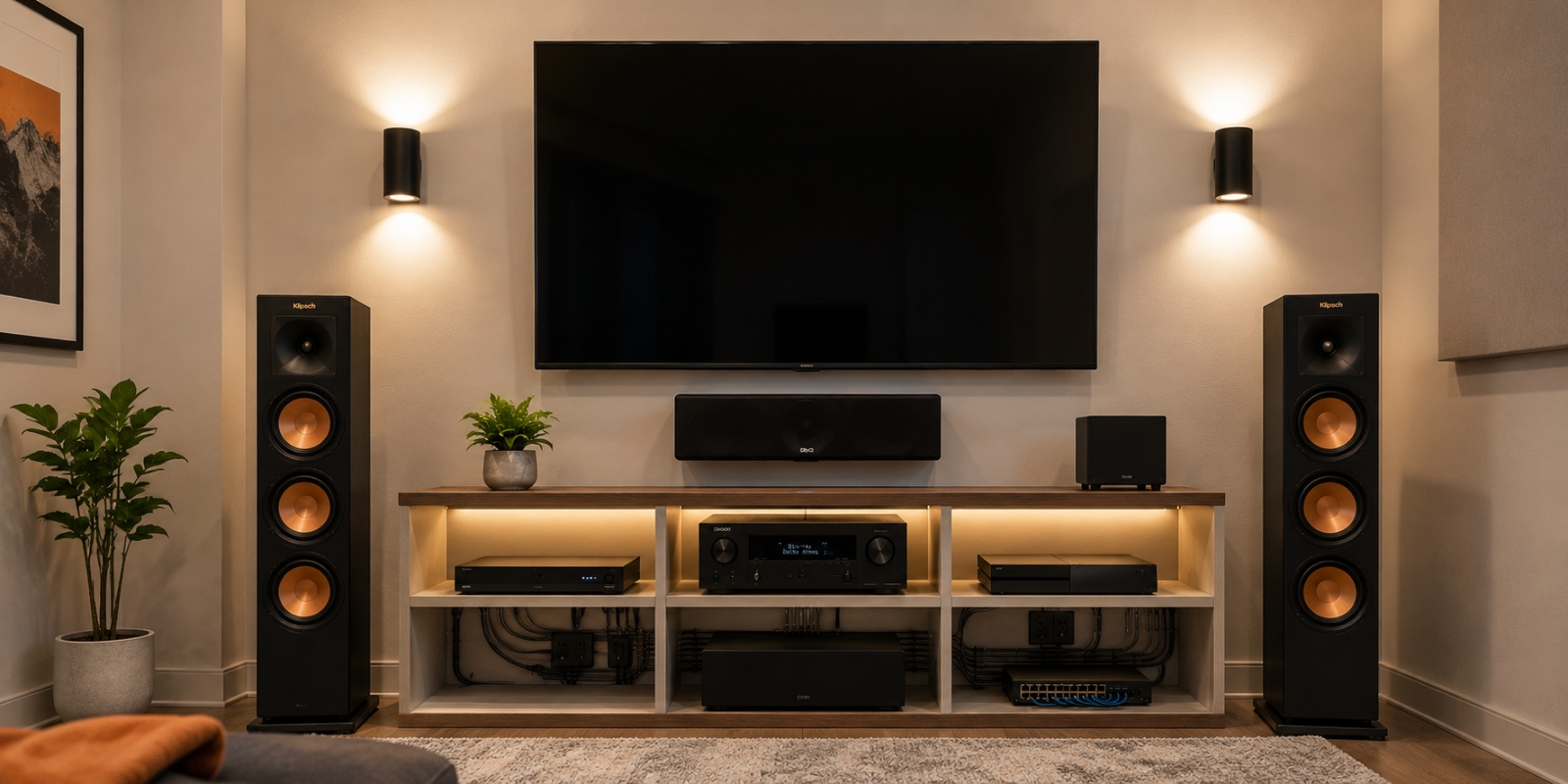 Living room entertainment center with integrated audio and video system