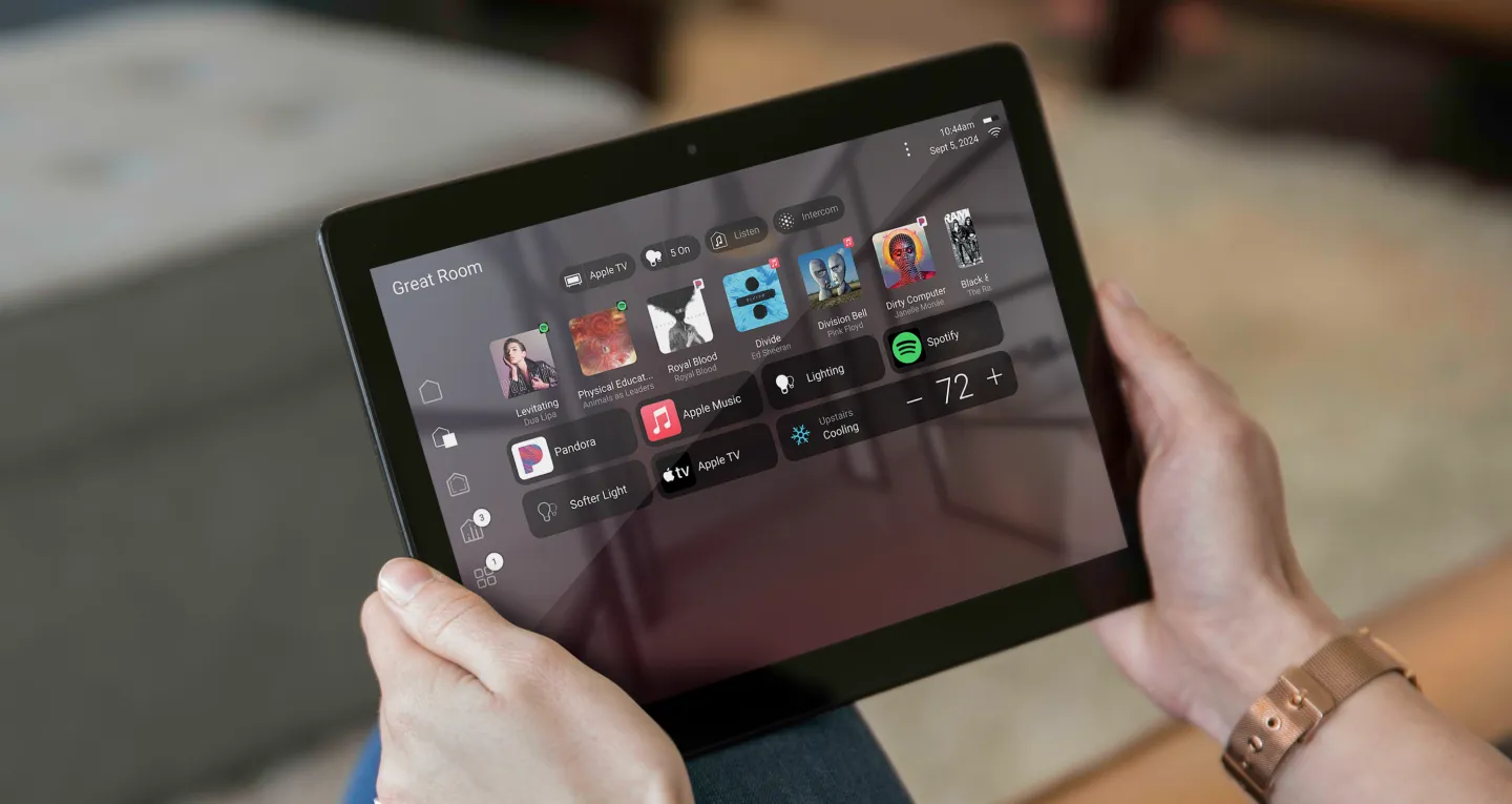 Control4 tablet interface for rooms, scenes, and favorites in a Fort Collins smart home