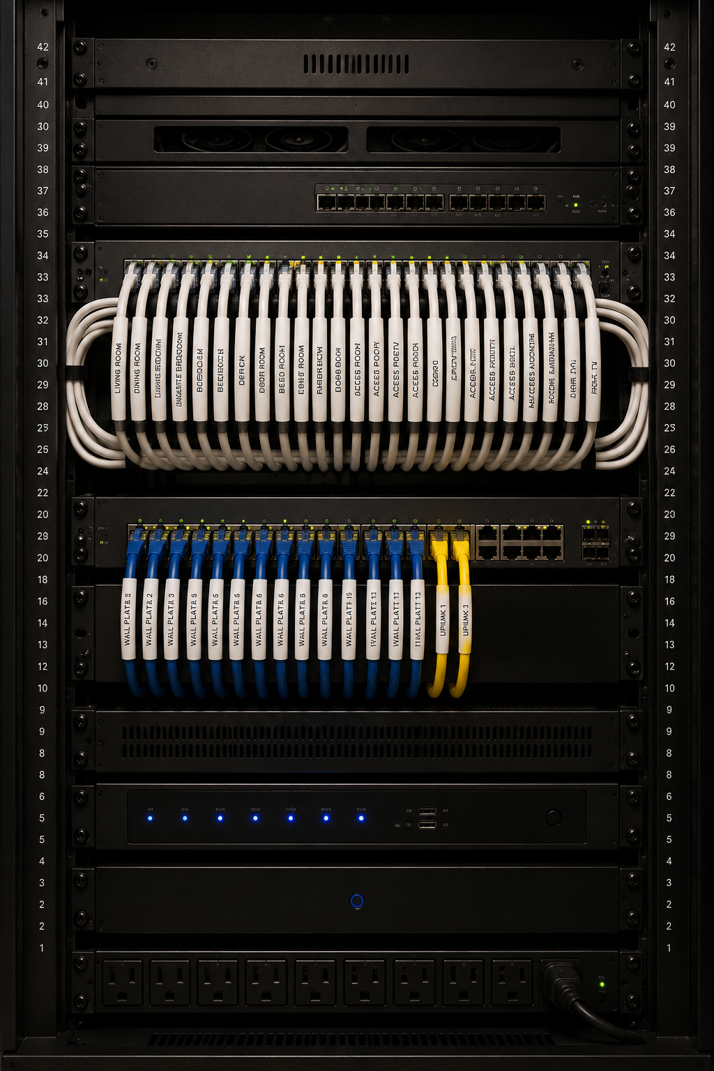 Equipment rack with labeled wires for a clean Fort Collins home network installation