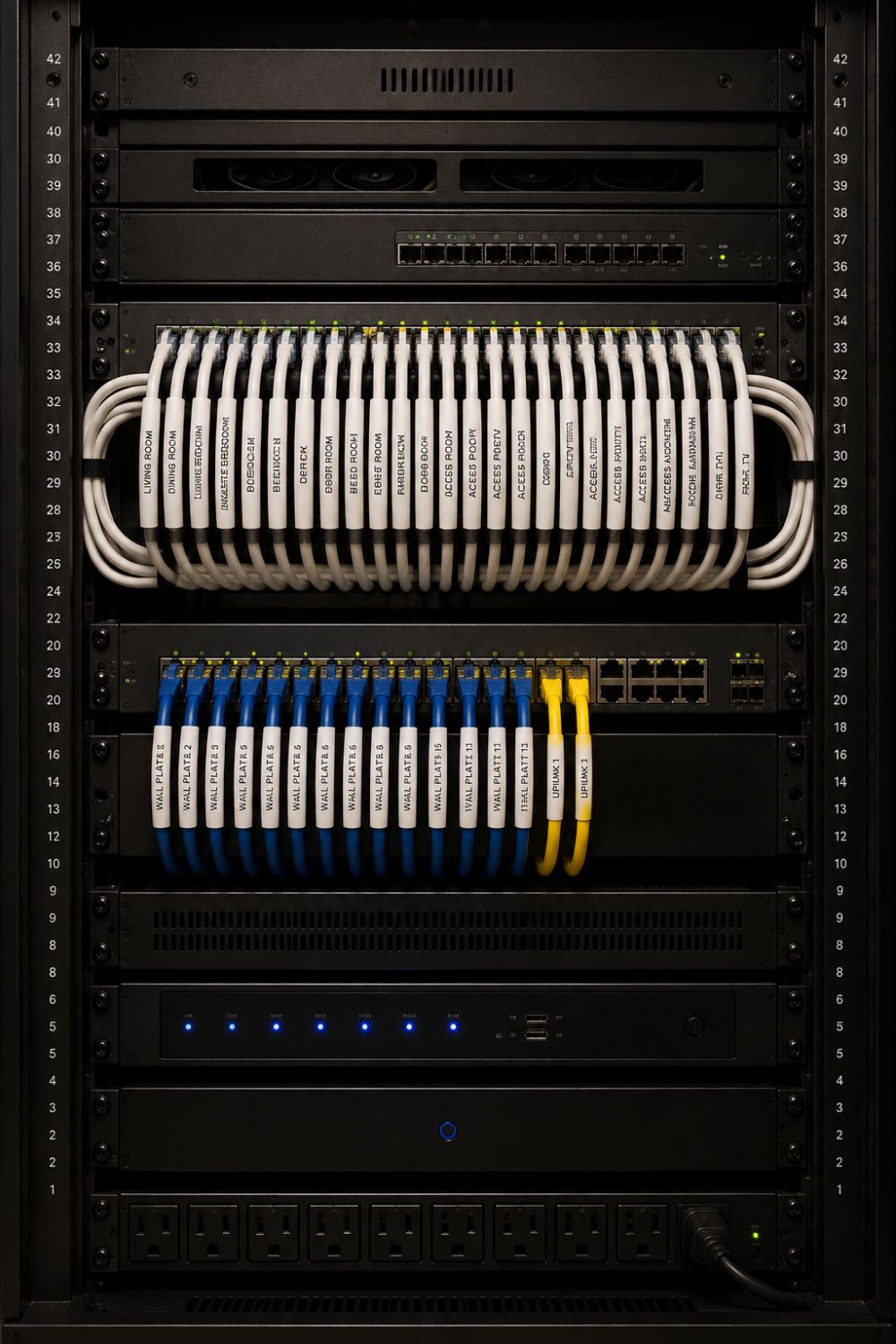 Equipment rack with labeled wires for a clean Fort Collins home network installation