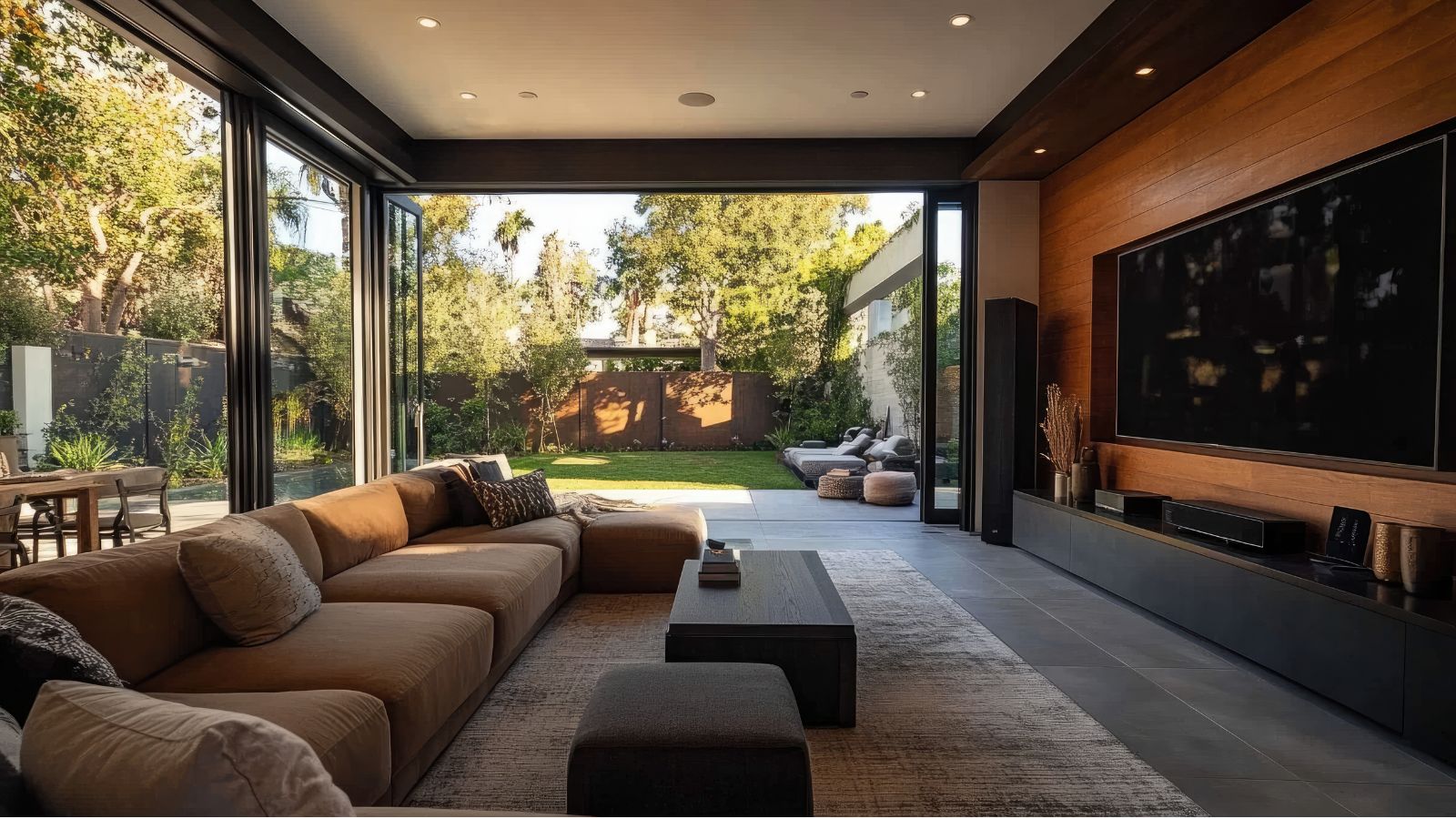 Modern media room with integrated display, speakers, and audio video system